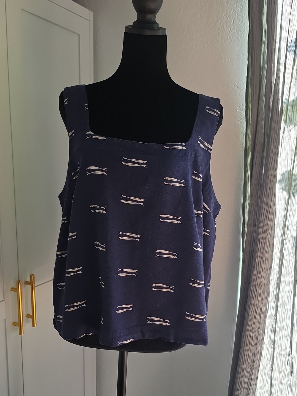 Square-Neck Navy Tank Top with Subtle Fish Print
